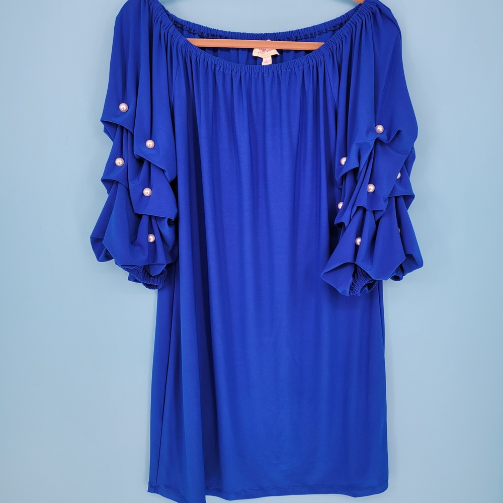 Ivy Road Off Shoulder Blouse Womens Large Royal Blue Pearl Tiered Ruffle Sleeve